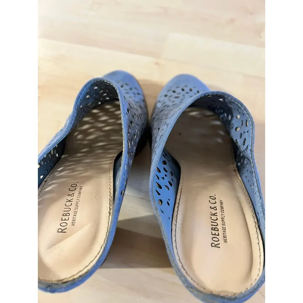 Roebuck & Co Womens Size 5.5 Blue Cutout Suede Mules Block Heel Slide Sandals